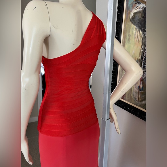 Herve Leger One-Shoulder Rose Gown in Coral Poppy Long Dress - Picture 10 of 10